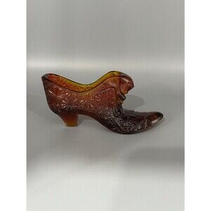 Vintage Glass Shoe Slipper Amber Daisy & Button Pattern UV Glow Victorian